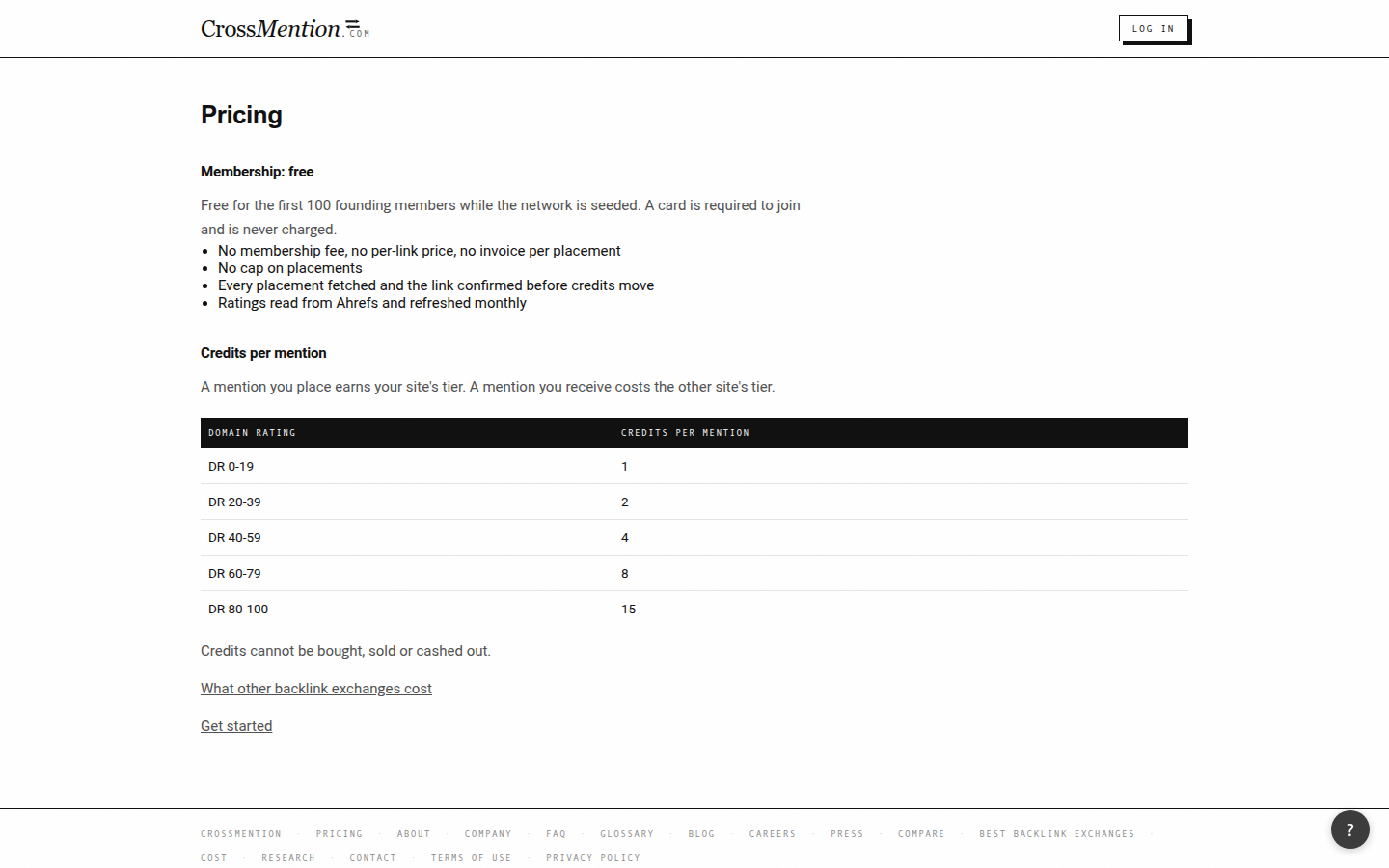 Pricing page of CrossMention showing free founding membership and the DR credit table