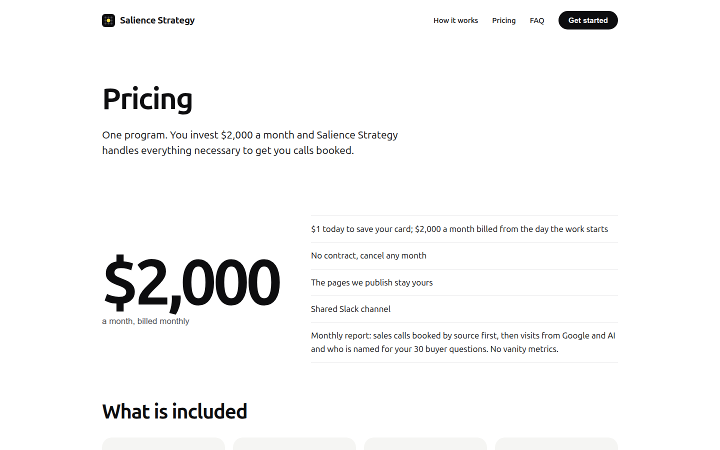 The Pricing page at Salience Strategy, with the $2,000 fee and the monthly report line