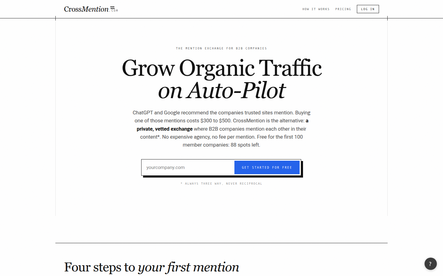 The CrossMention homepage (Grow Organic Traffic on Auto-Pilot)