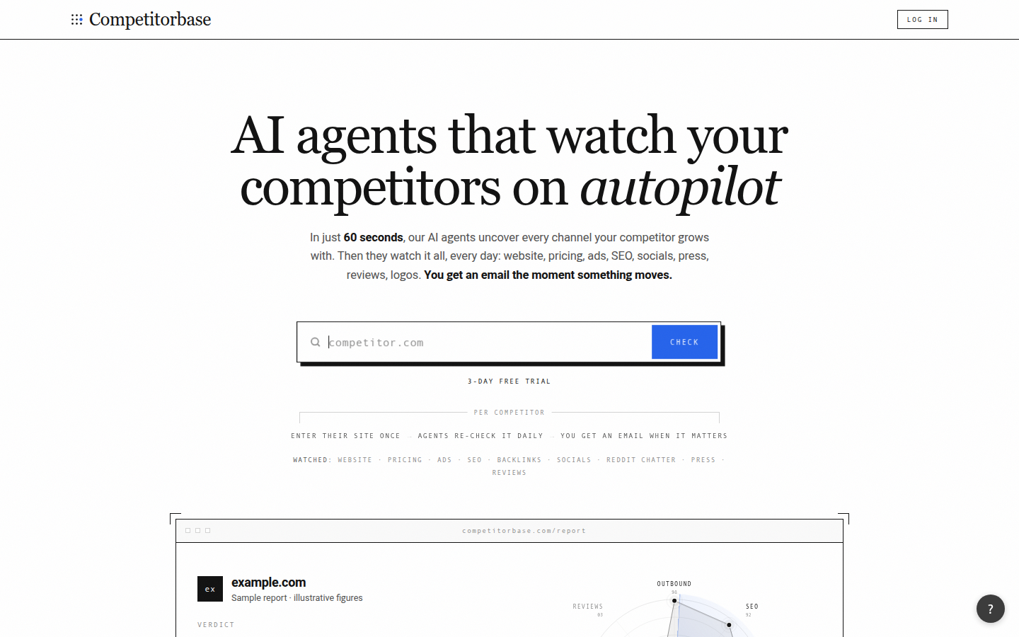 CompetitorBase homepage, headline: AI agents that watch your competitors on autopilot