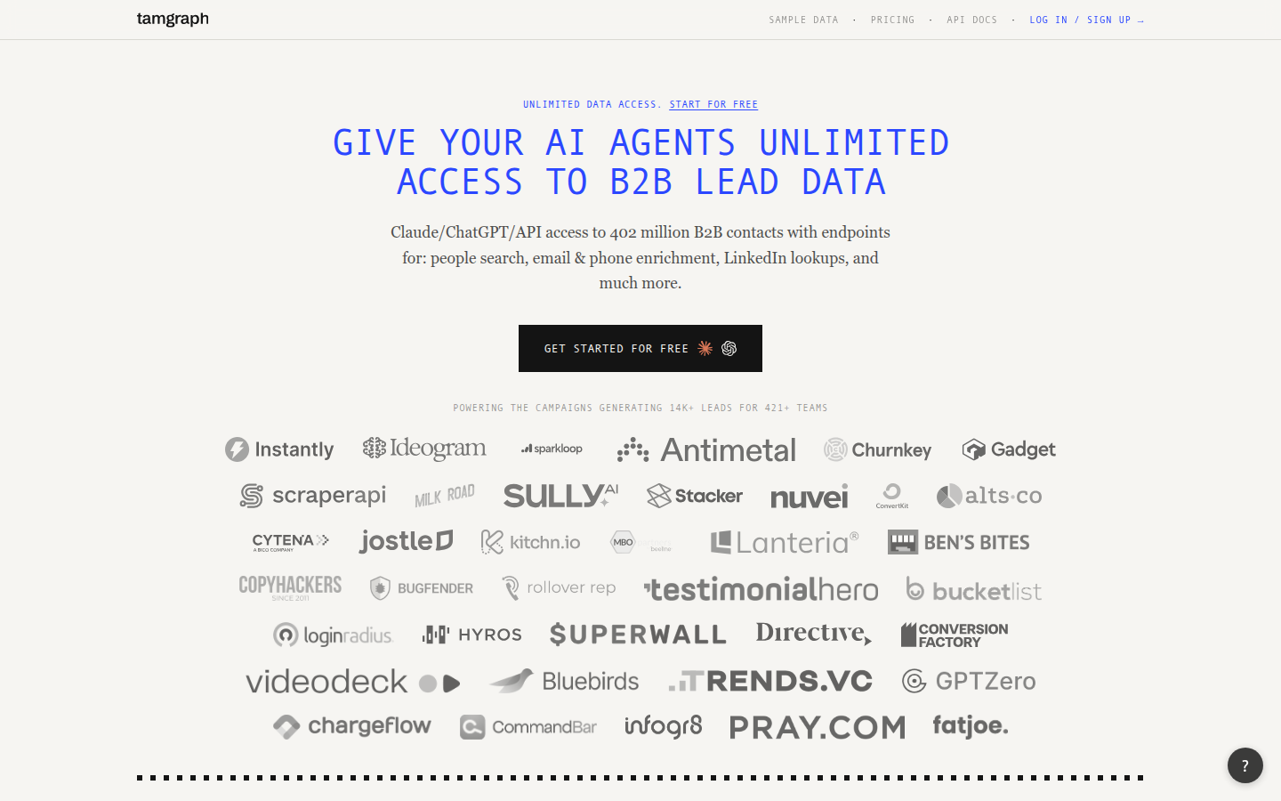 tamgraph.com home page, headed "Give your AI agents unlimited access to B2B lead data"