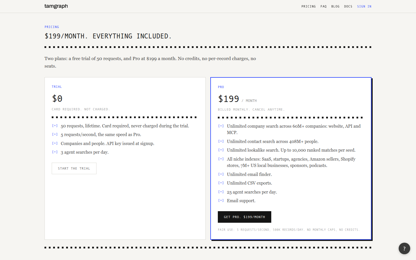 tamgraph.com pricing page, headed "$199/month. Everything included."