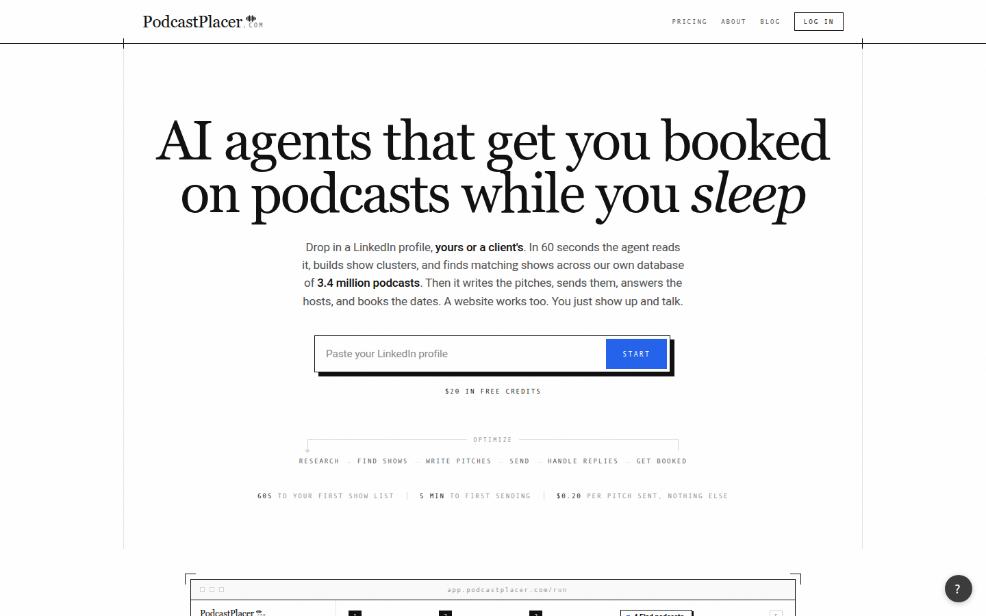 PodcastPlacer front page, which describes AI agents booking podcast guests