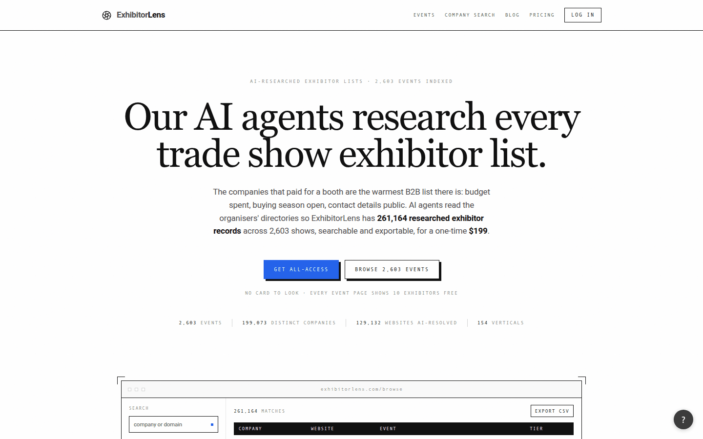 Screenshot of exhibitorlens.com: "Our AI agents research every trade show exhibitor list."
