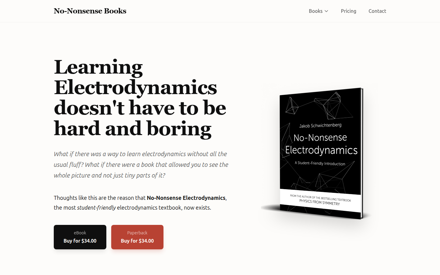 No-Nonsense Electrodynamics page, headline Learning Electrodynamics doesn't have to be hard and boring, with eBook and paperback buttons