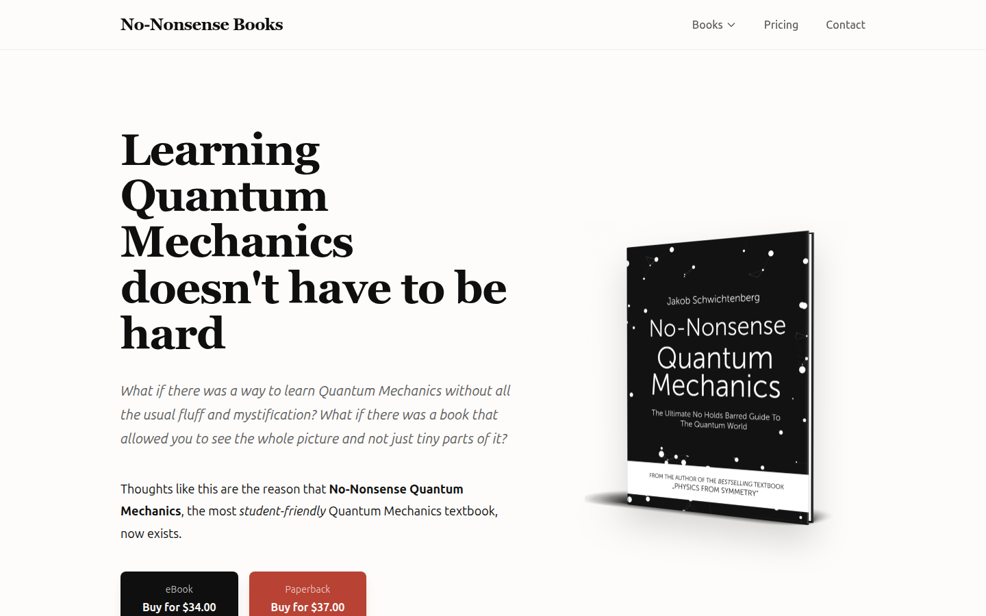 Book page for No-Nonsense Quantum Mechanics, headline Learning Quantum Mechanics doesn't have to be hard, showing the eBook and paperback prices