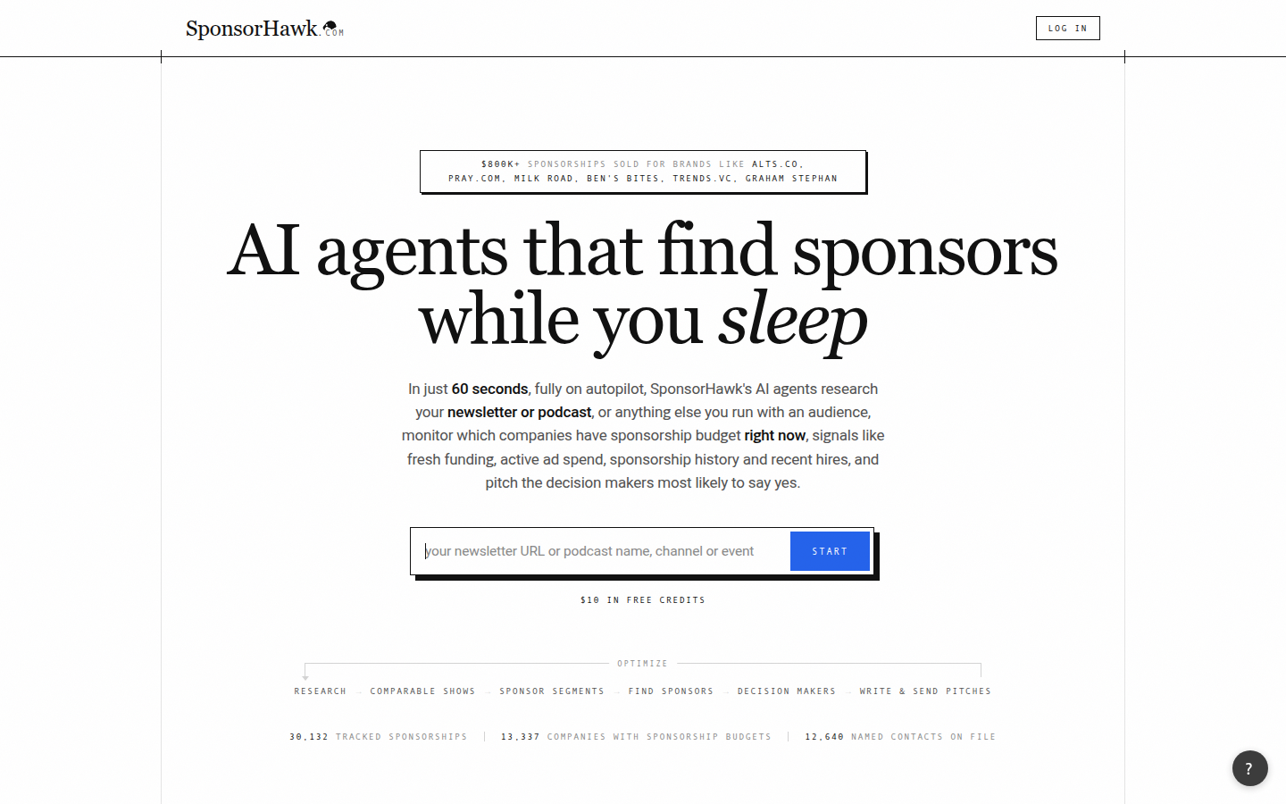 SponsorHawk landing page headline about AI agents finding sponsors overnight