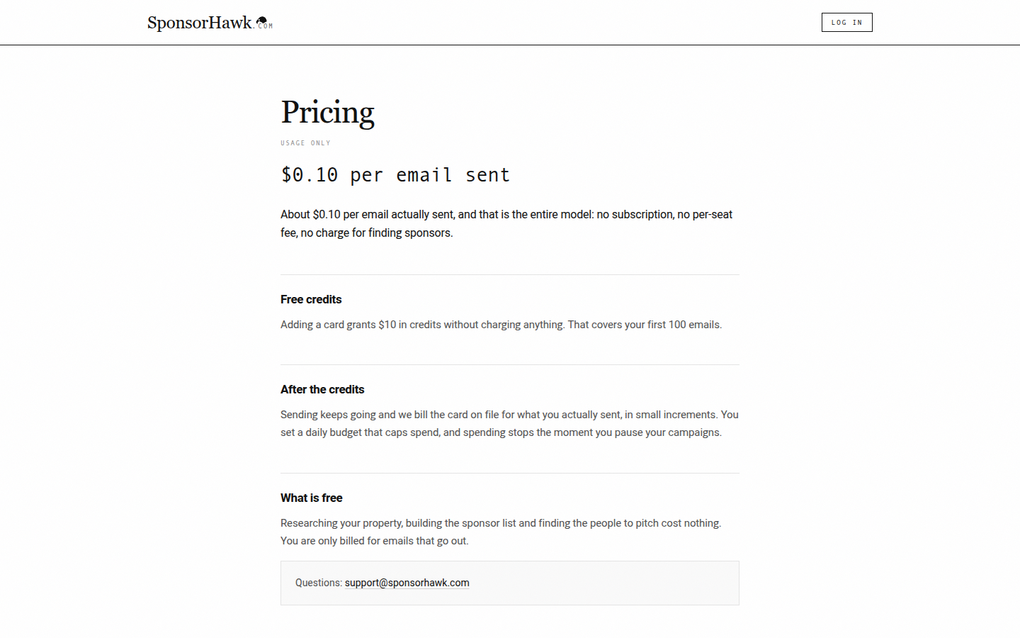 SponsorHawk pricing: pay only for emails, ten cents each