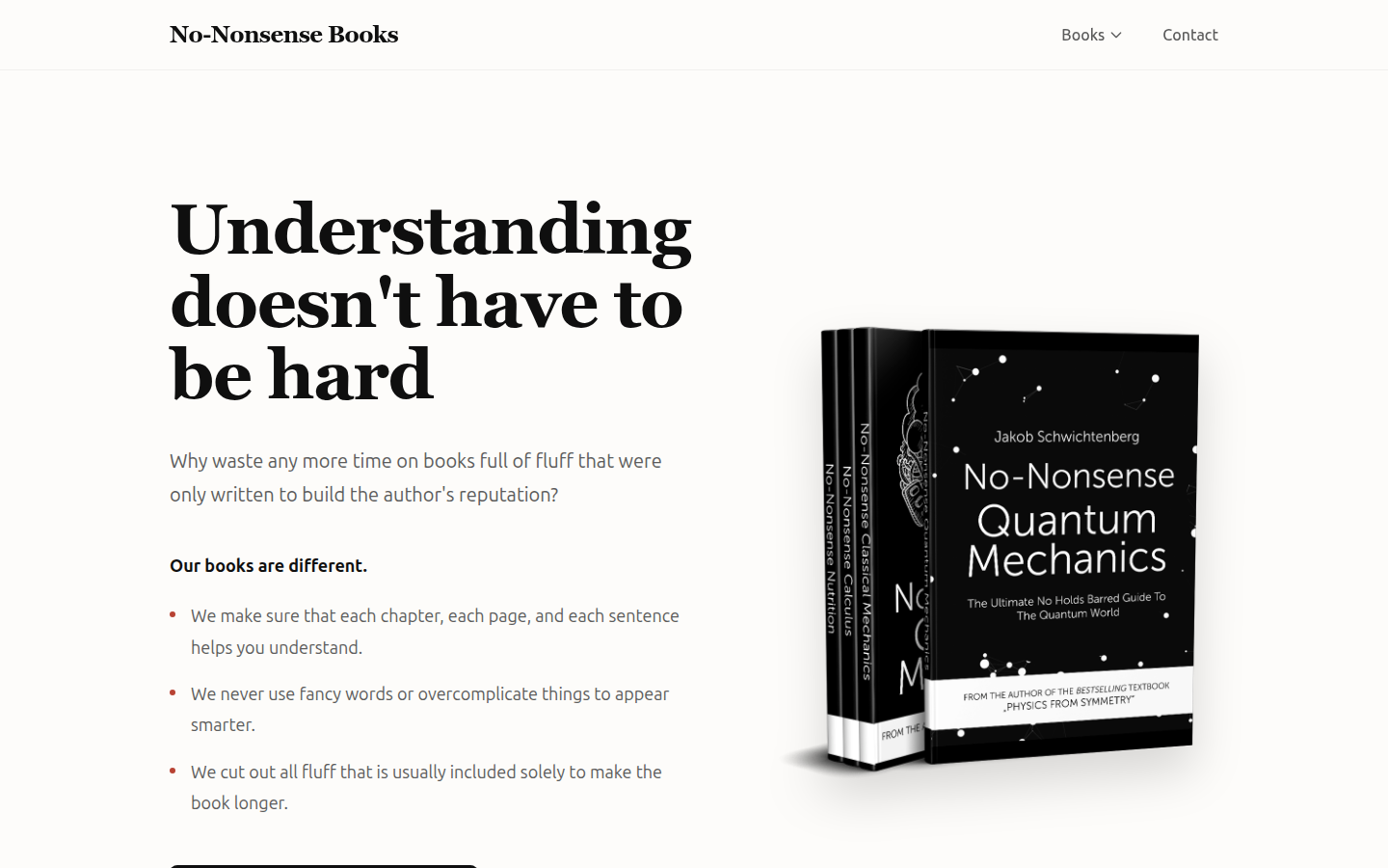 Front page of nononsensebooks.com under the heading Understanding doesn't have to be hard