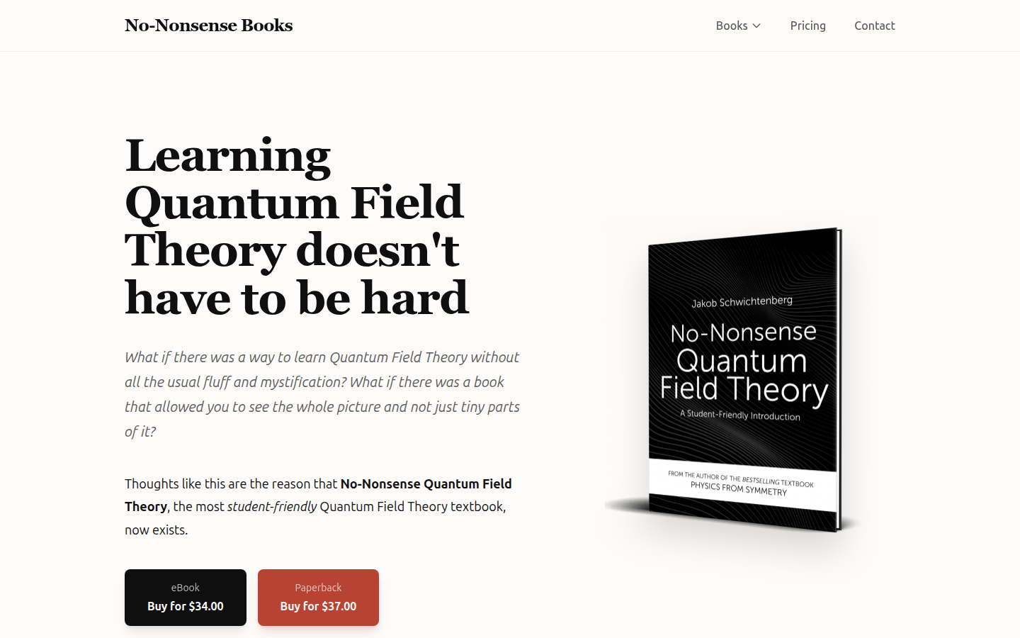 No-Nonsense Quantum Field Theory sales page, headline Learning Quantum Field Theory doesn't have to be hard, with eBook and paperback prices