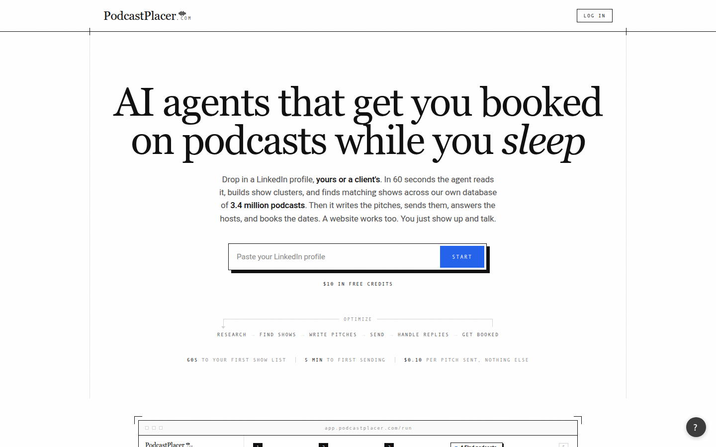AI agents that get you booked on podcasts while you sleep (PodcastPlacer homepage, 2026)