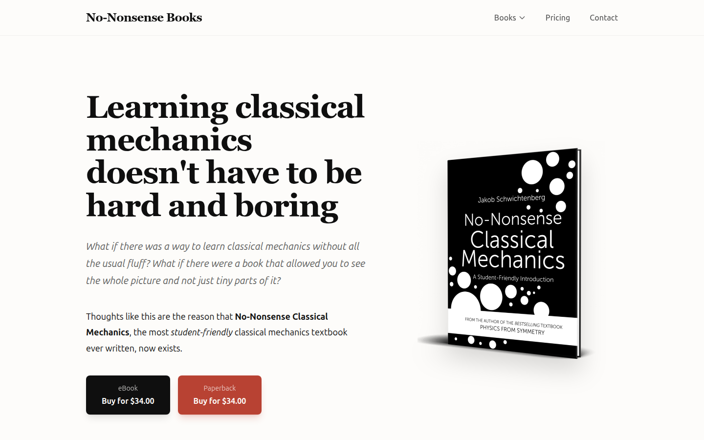 No-Nonsense Classical Mechanics book page with the headline Learning classical mechanics doesn't have to be hard and boring and both prices